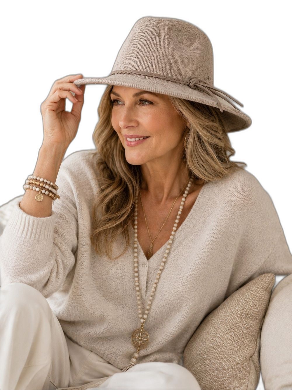 Soft Chenille Fedora Hat Beige Braided Tassel Band Boho Western OS Cowgirl Ranch